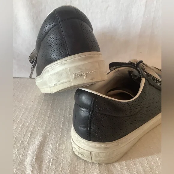 Salvatore Ferragamo Black Leather Laser-cut Sneakers Women’s Sz 7 - Picture 8 of 12